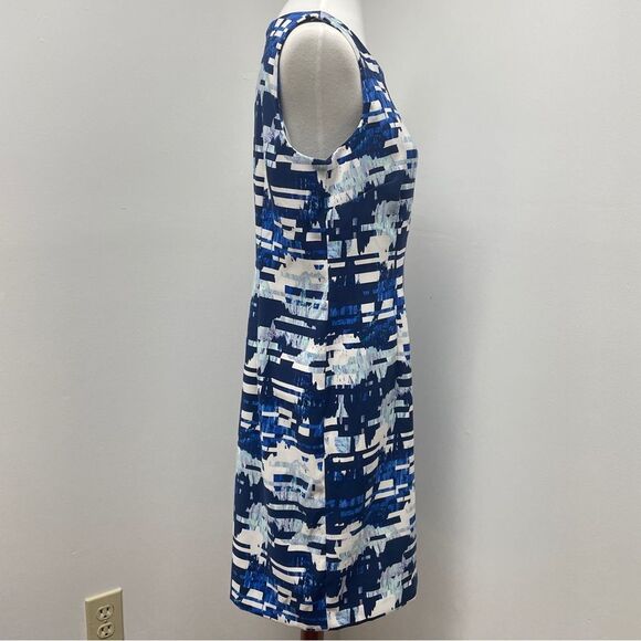 Blue & White Geometric Sleeveless Dress Womens Size 12 Wedding Guest Work Dress - Picture 5 of 15
